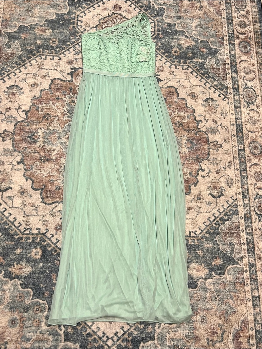 David’s Bridal One-Shoulder Mint Lace & Chiffon Maxi Dress